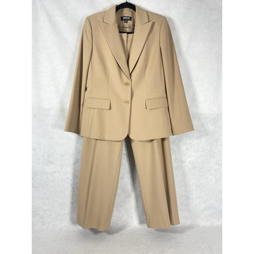 Kasper 2PC Pants Suit Women's Petite 8P Tan Blazer Button Church Career